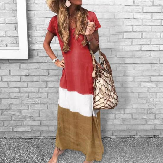 Women's Summer Long Dress Patchwork V-Neck Loose Maxi Dress Casual Short Sleeve