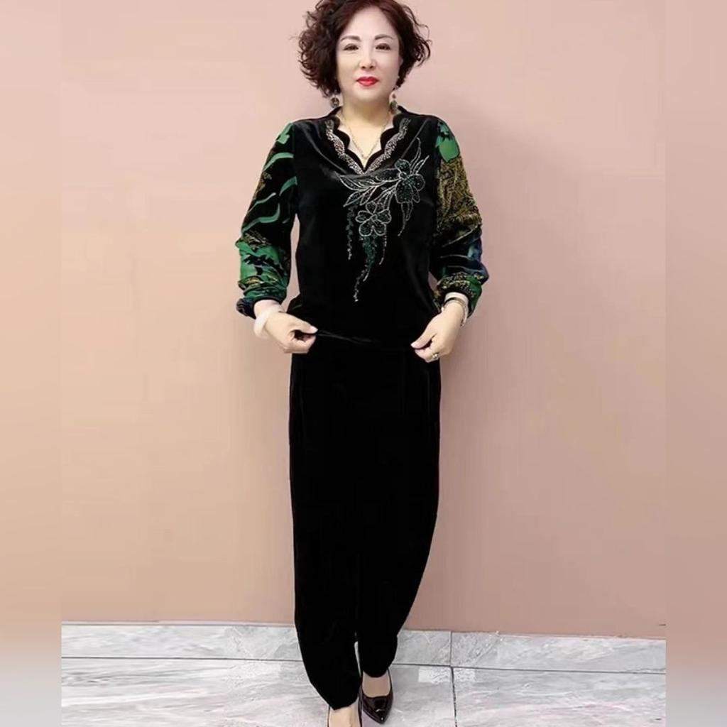 2pcs Pants Suit High-end Autumn Retro Women's  Plus-size Velvet Printed Blouse High-waist Velvet Harem Pants Two-piece Set