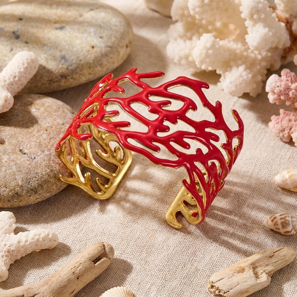 Exaggerated Summer Niche Red Coral Shaped Cuff Bangle for Women Simple Metal Starfish Wide Bracelet Beach Party Jewelry Gifts