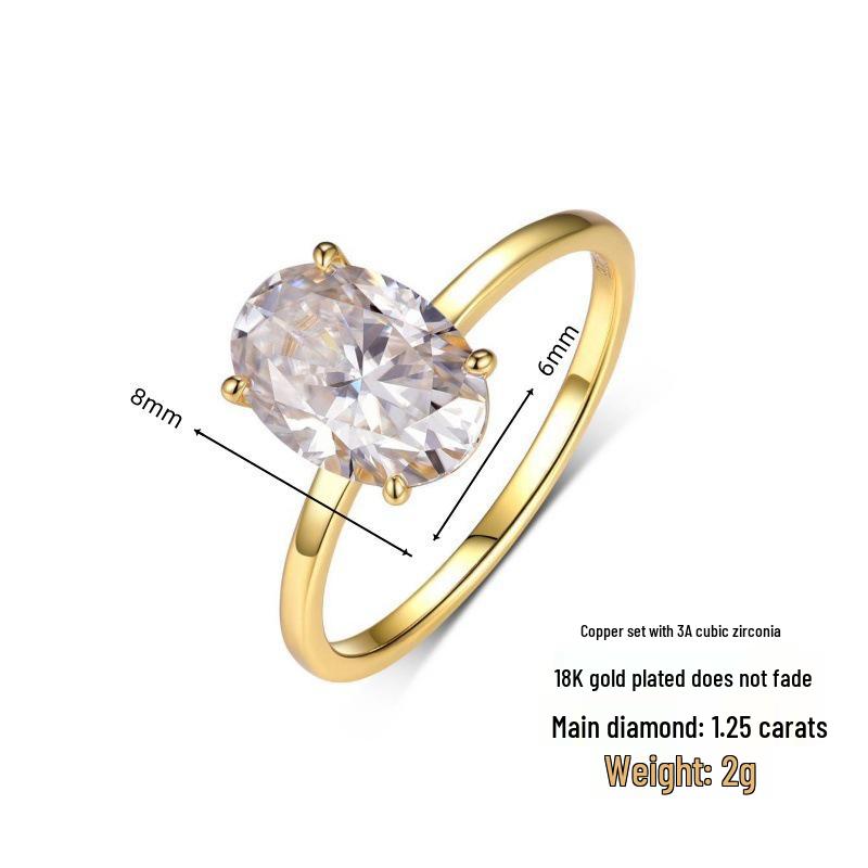 

Гальванизированное Настоящим Золотом Супер Блестящее Овальное Циркониевое Кольцо - Женский Легкий Роскошный Высококлассный Стиль Size 10