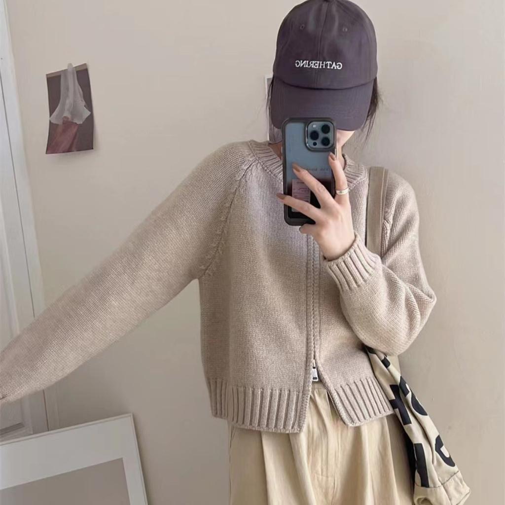 Autumn and Winter New Simple Casual Versatile Knitted Cardigan Top Women's Double Zipper Short Sweater Jacket