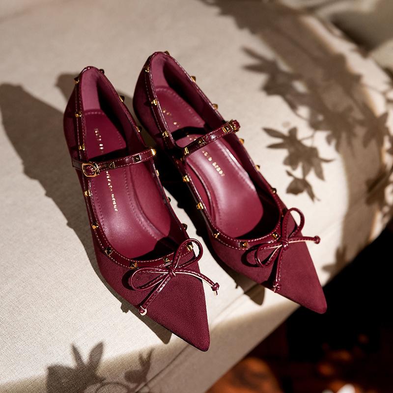 1828-3 Wedge heel sheepskin rivets one-word buckle strap single shoes pointed French temperament bow Mary Jane shoes