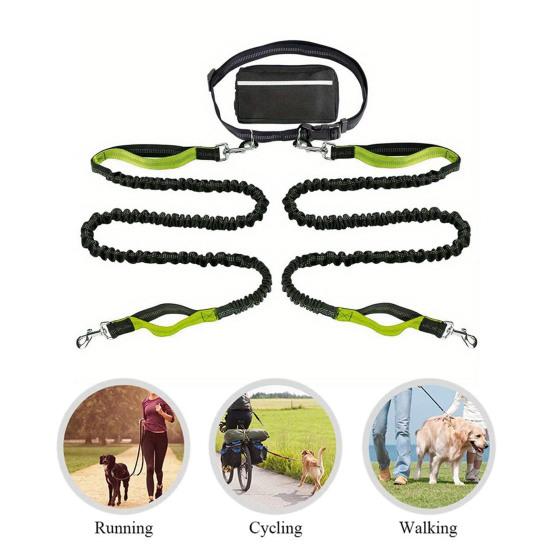 Dog Leash with Waist Bag Reflective Retractable Leash for Two Dogs Hands-Free Running Leash with Padded Handles Night Safety Walking Gear