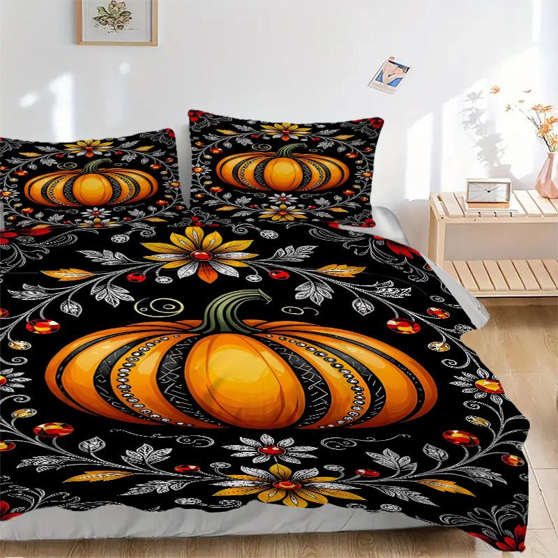 3pc Pumpkin Floral Cover Set - 1 Quilt Cover + 2 Pillowcases, All Seasons Bedroom Setting, Perfect for Home033
