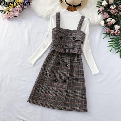 Herbst Winter Neue Lange Ärmel Gestrickte Pullover Pullover Tops + Tweed Mischung Plaid Kurzes Kleid 2 Stück sets Frauen Outfits mit Gürtel