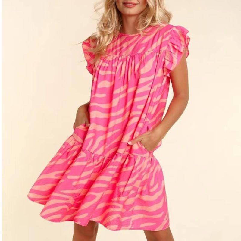 

Sweet Small Summer New Arrival Fashion Style round Neck Stripes Print Ruffle Sleeve Dress Doll Skirt Image color 2XL