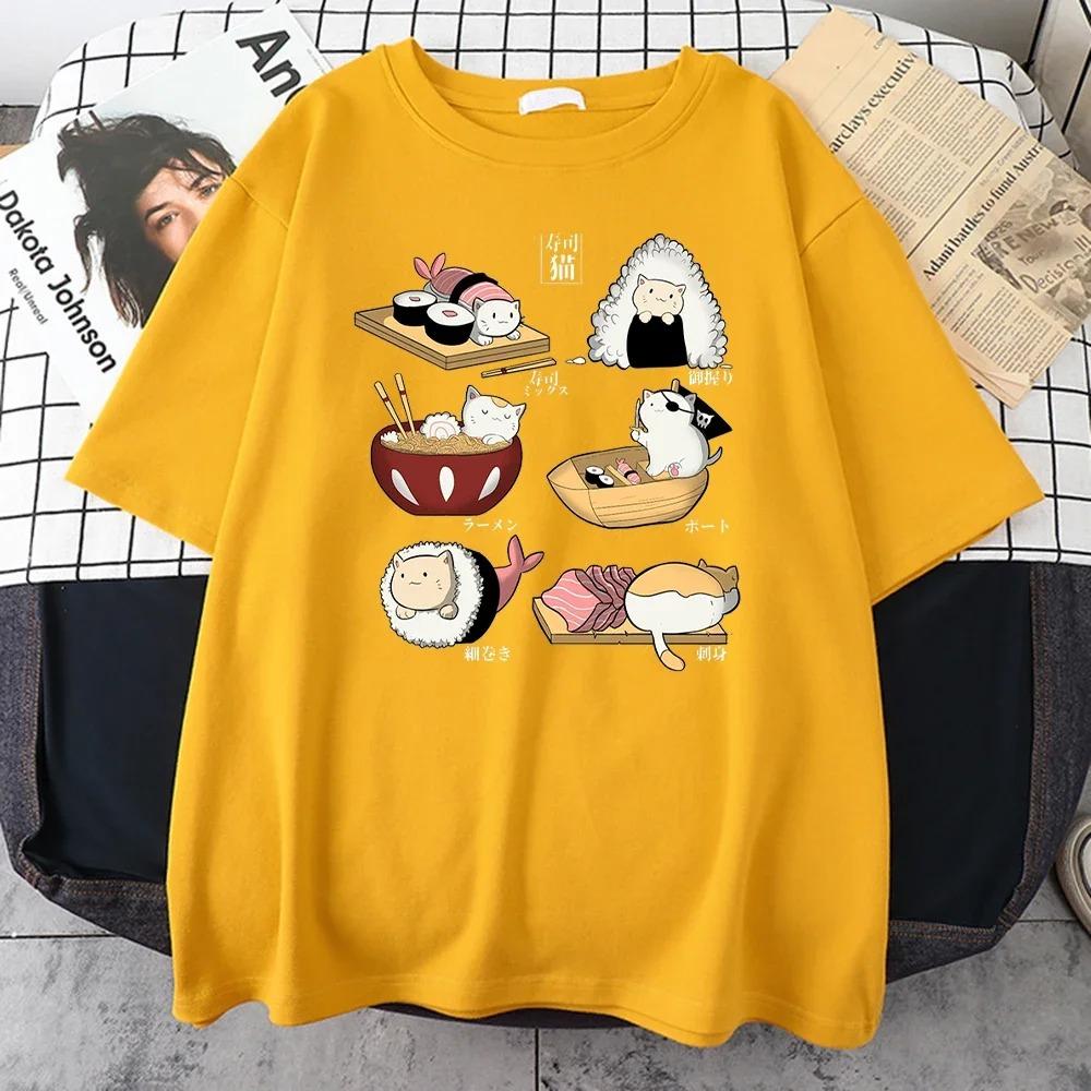 Food Cute Cat Sushi Cartoon Style Mens Cotton Short Sleeve Harajuku Casual All-math T-Shirts Oversize Fashion Man Tee Clothing