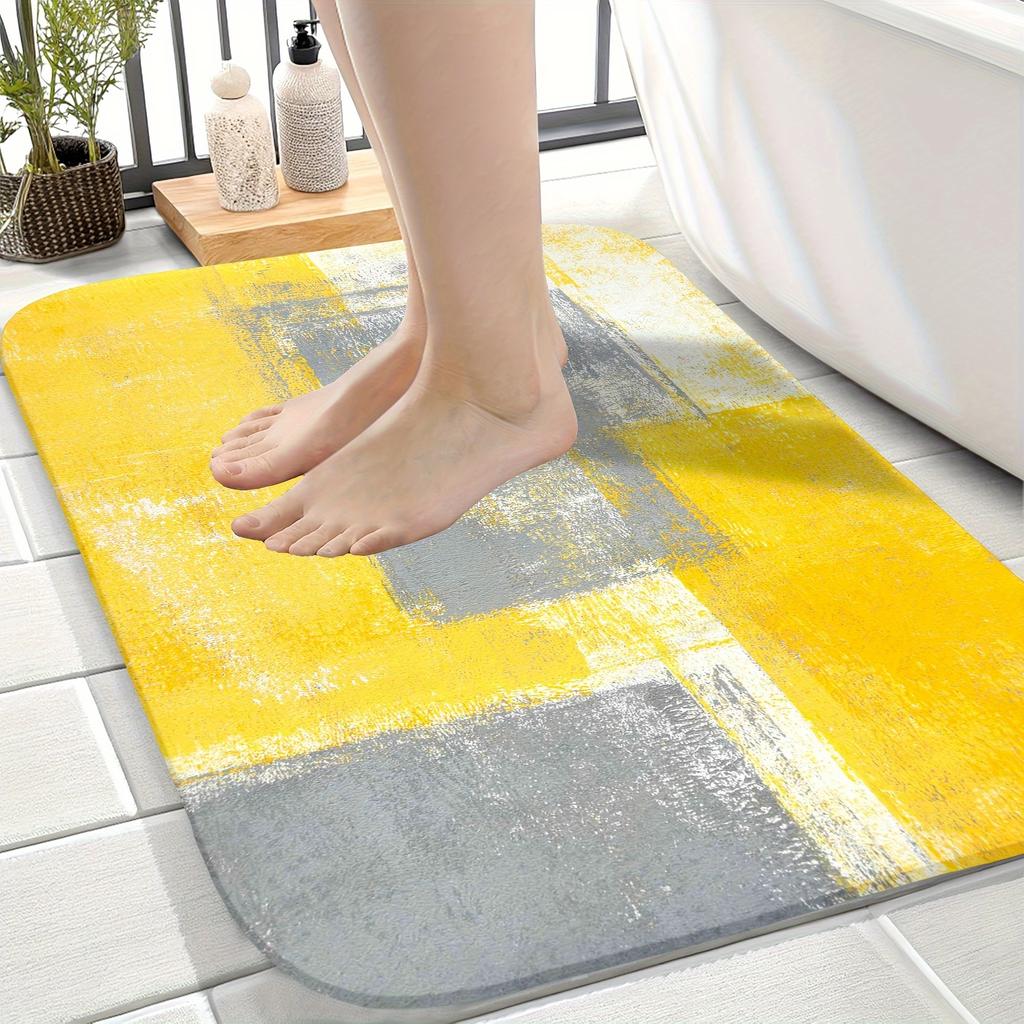 Yellow and Gray Bath Mat - Modern Geometric Non-Slip Floor Mat for Kitchen - Washable Quick-Dry Home Decor Indoor Carpet Rug