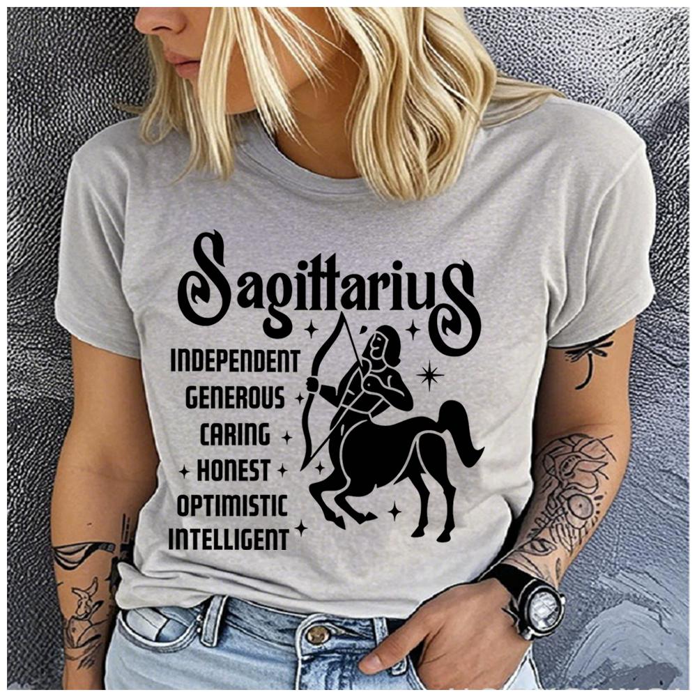 Unisex 100% Polyester Zodiac Sign Print Loose round Neck Short Sleeve Fashion Summer Top for Astrology Lovers