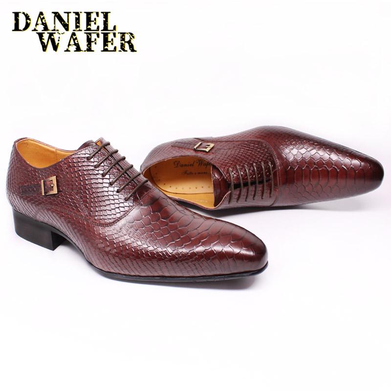 Fashion Luxury Men Leather Shoes Snake Skin Print Business Dress Formal Classic Style Burgundy Blue Pointed Toe Lace Up Oxford Shoes Men