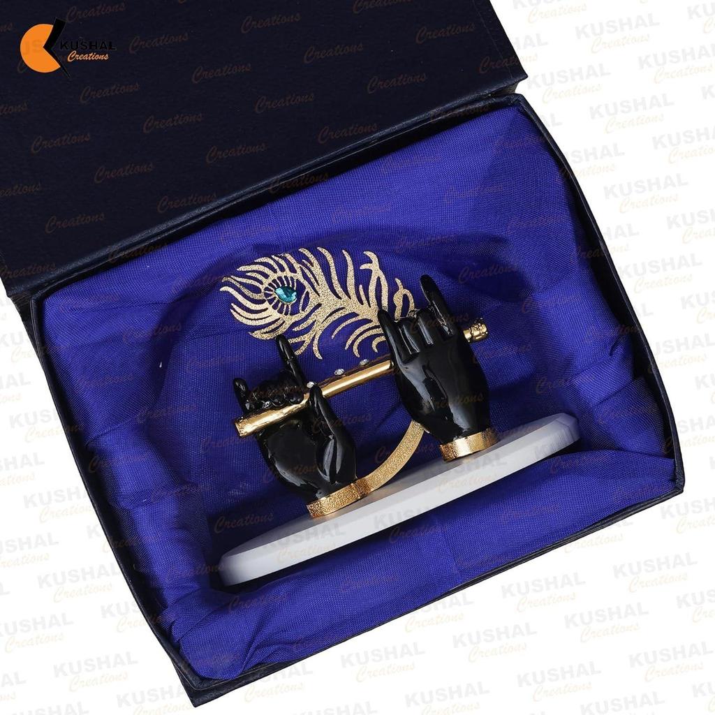 Gold Plated Krishna Ji Hands with Flute Figurine for Pooja Room Peacock Feather Flute Krishna Showpiece for Home Décor
