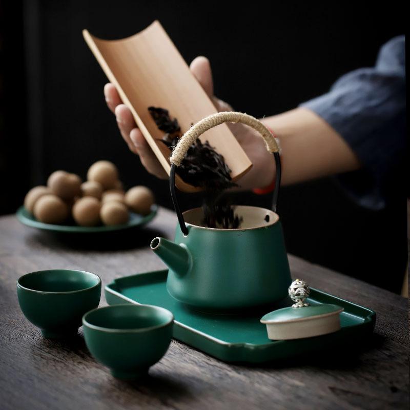 Retro green Kung Fu tea set, household simplicity, one pot, two cups, express cup, tea small set, gift box packaging