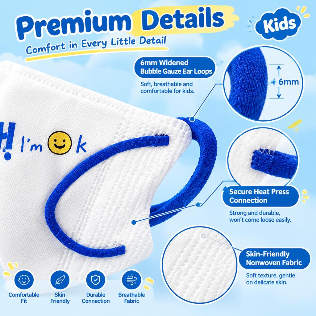 Kids 3D Face Mask KN95 Ear Loop 3-Layer Filtration Individually Sealed