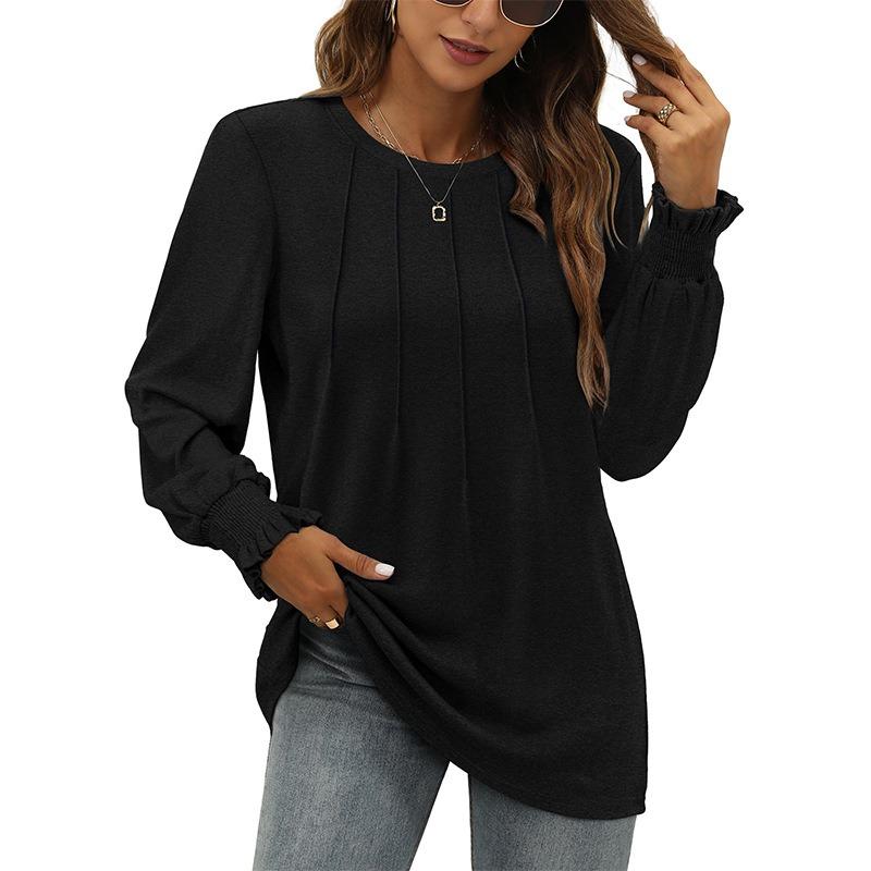 

Женская осенняя свободная плиссированная рубашка с круглым вырезом и длинными рукавами, футболка, топ-пуловер S чёрный