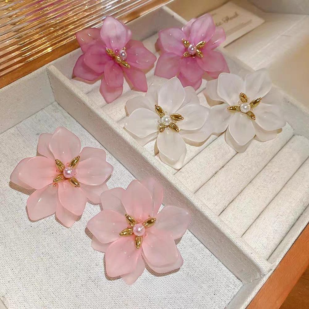 Korea Super Fairy Pink Translucent Flower Petals Stud Earrings for Women Exaggerated Romance Summer Vacation Jewelry Accessories
