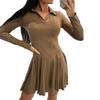 Women Long Sleeve Polo Collar Mini Dress Elegant Bodycon Fit Flared Skater Dress
