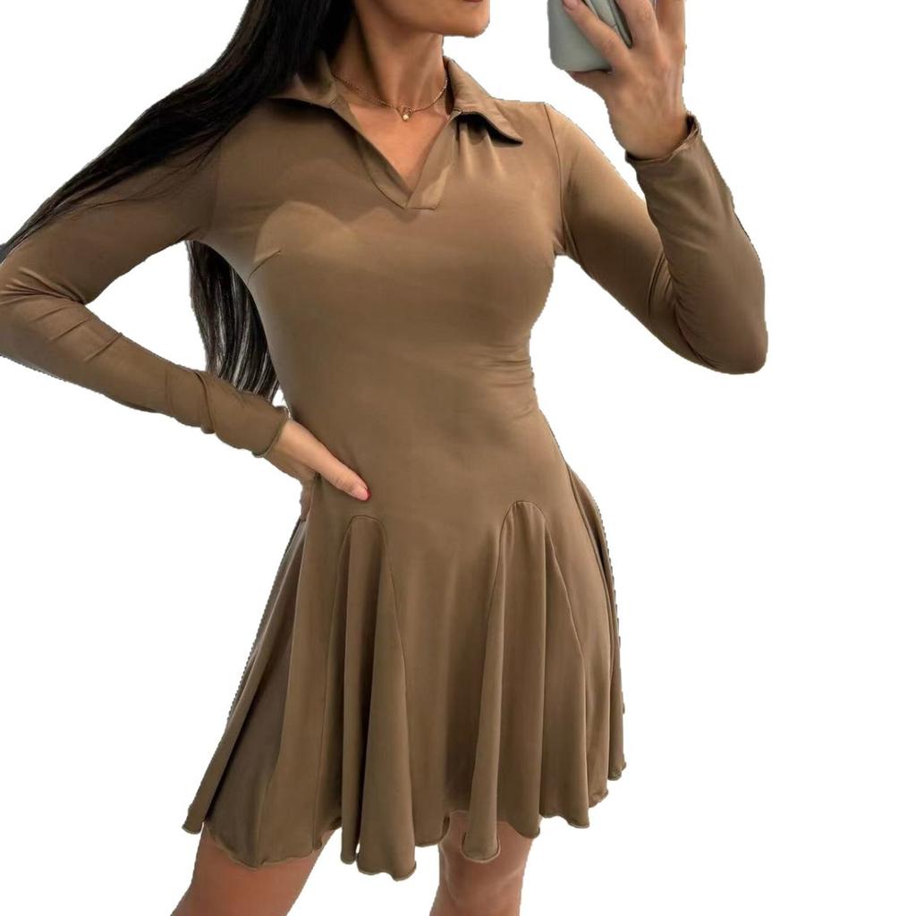 Women Long Sleeve Polo Collar Mini Dress Elegant Bodycon Fit Flared Skater Dress