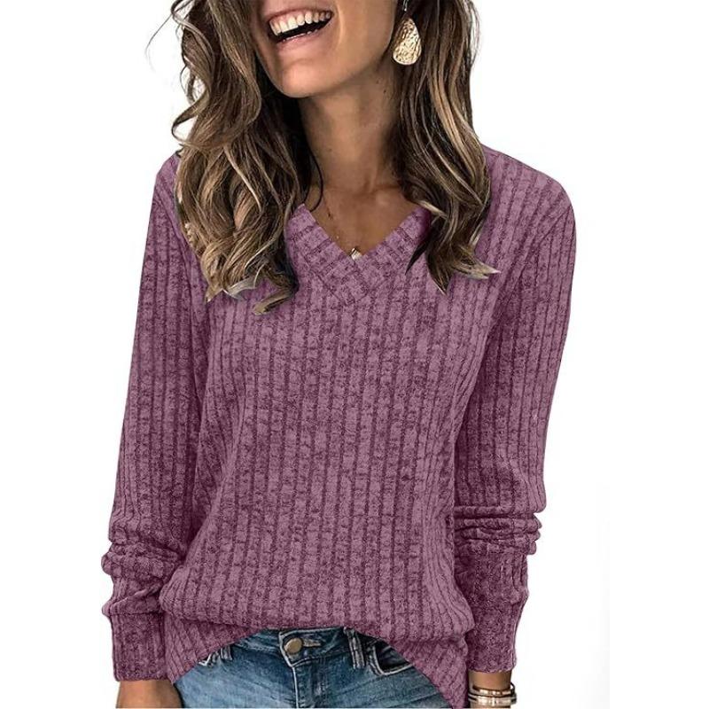 Women Long Sleeve V Neck Ribbed Casual Loose Fit T Shirt
