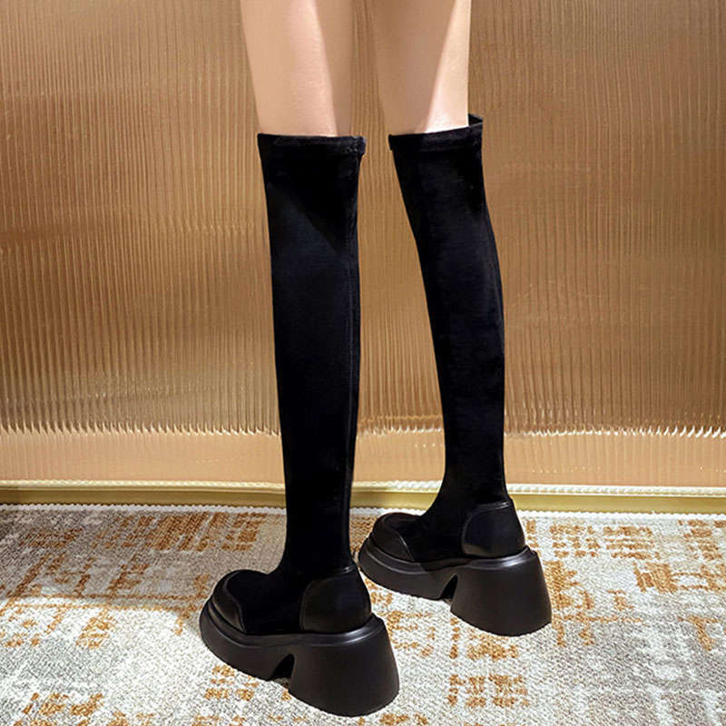 Black Suede Elastic Boots Women's Winter New Thick-soled Heel Over Knee Boots Skinny Boots Socks Boots Long Boots