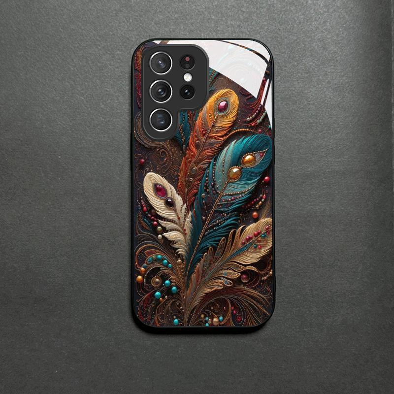 Creative retro gemstone feather glass phone case suitable for Samsung Galaxy S26 S25 S24 S22 S21 S20 FE/Ultra/Plus hard case