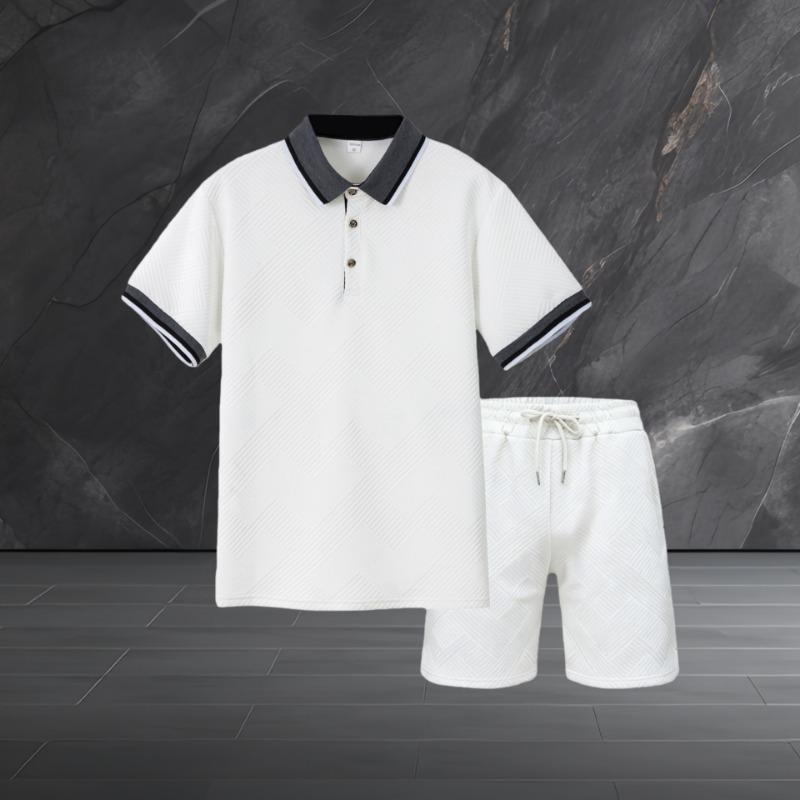 Men's Casual Navy Textured Polo Shirt Drawstring Shorts Summer Outfit