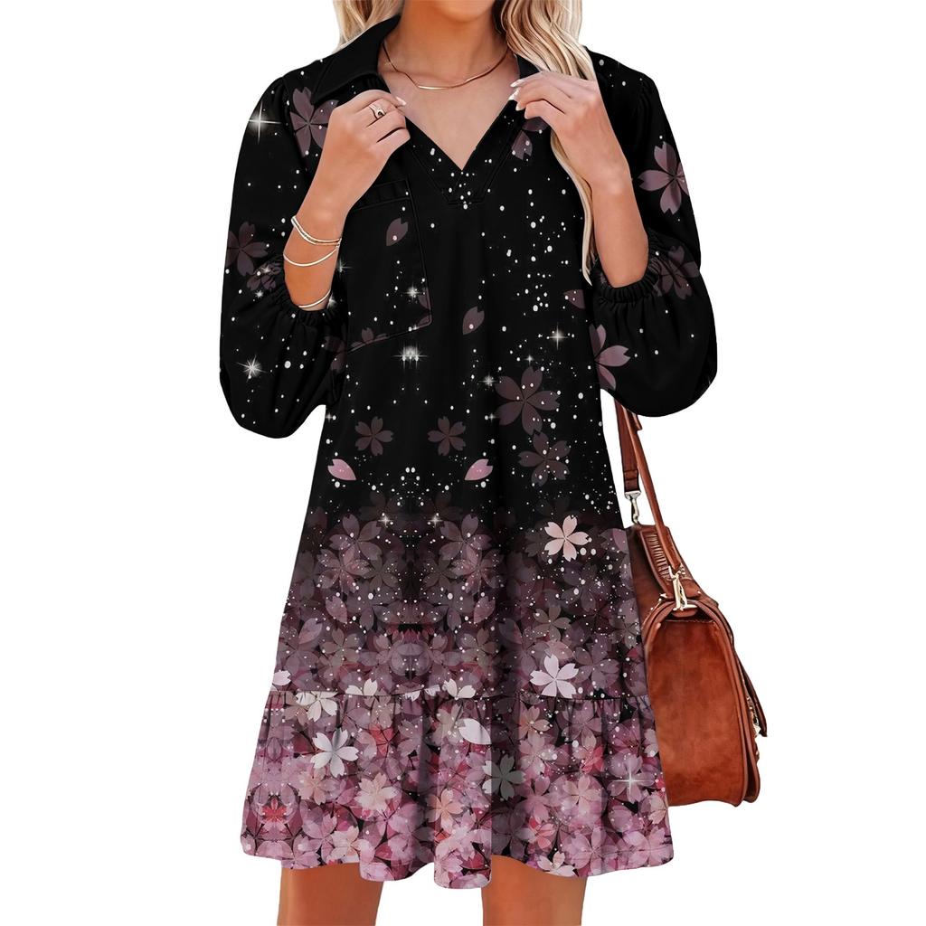 Damenmode Elegant Herbst Und Winter Langarm V-Ausschnitt Weihnachtsprint Kleid