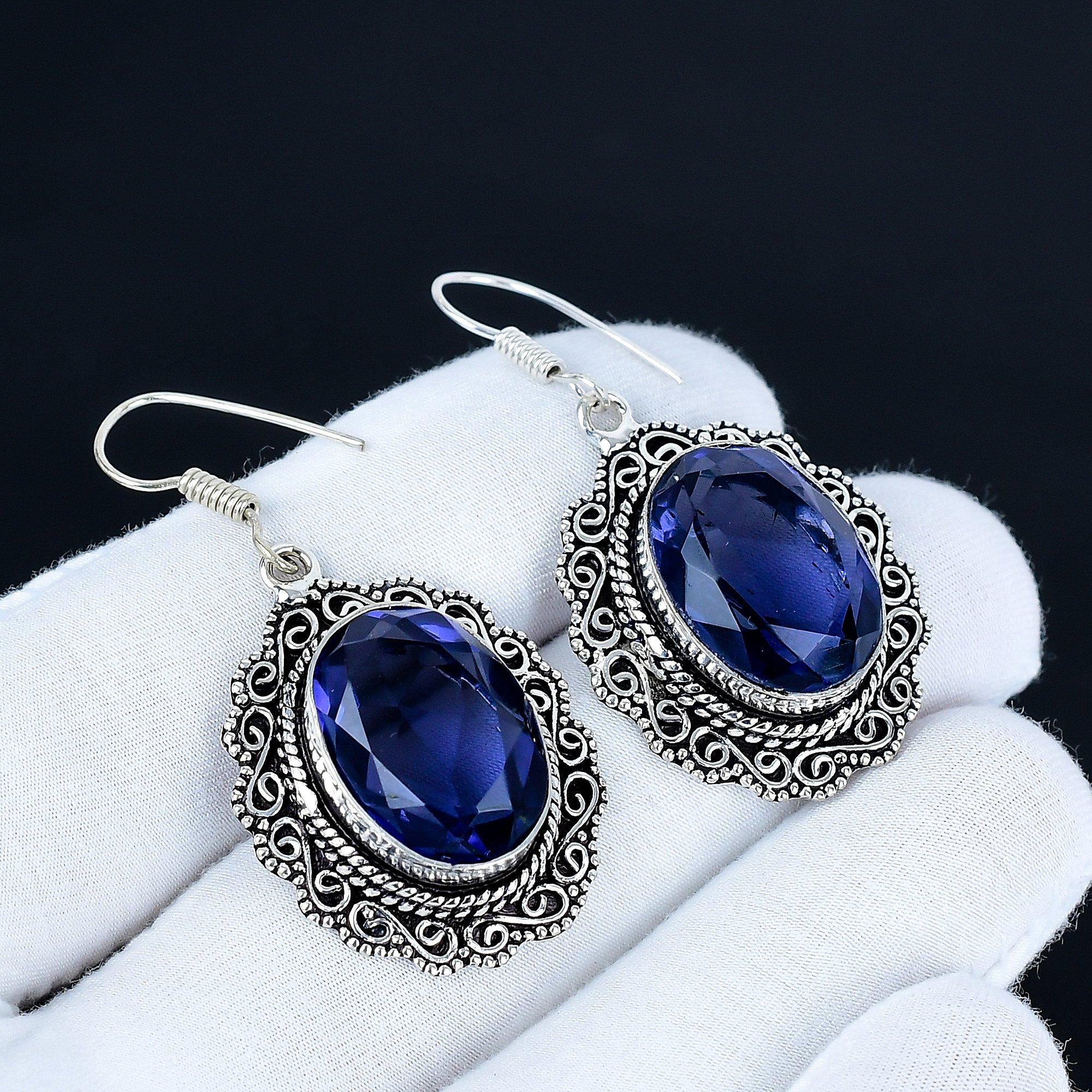 

London Topaz Gemstone Earrings, 925 Sterling Silver Earrings, Handmade Silver Earrings For Gift, London Topaz Dangle Drop Earrings For Gift 5 Cm