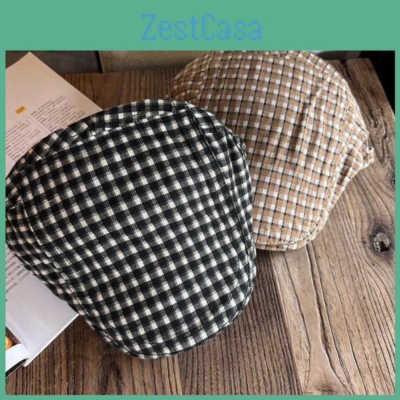 Retro Pattern Checkered Beret Hat For Women Breathable Sunshade Gift Headwear
