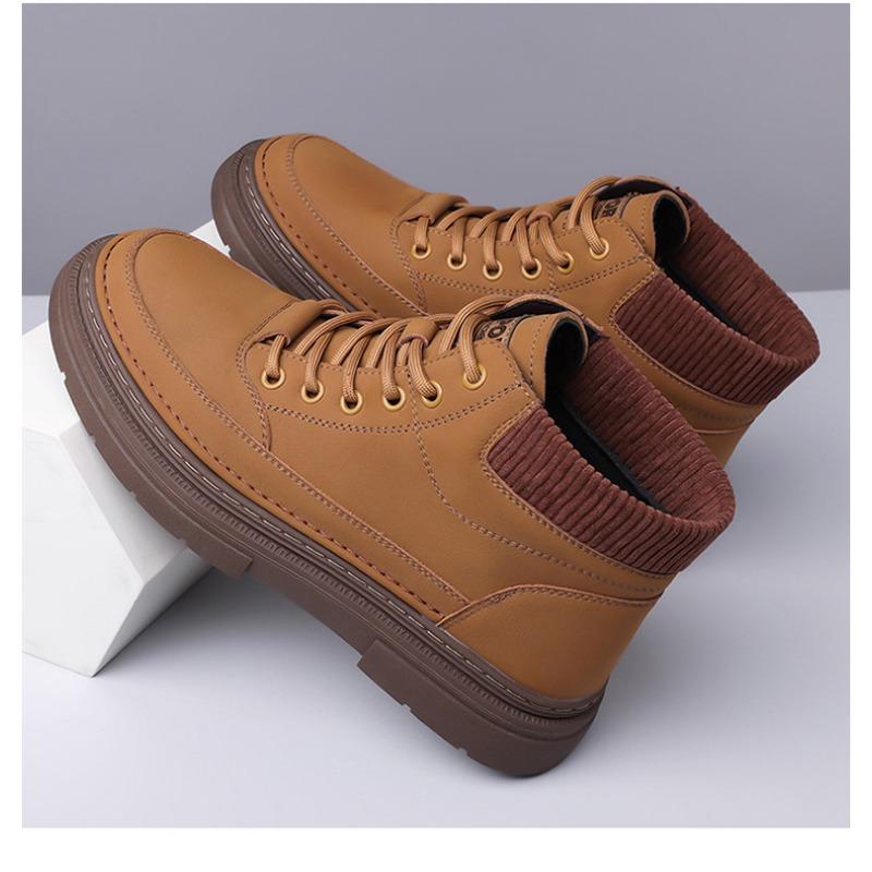 Fashion Designer Leather Velvet Warm Platform Boots for Men Autumn Winter Soft-soled Men's Cotton Shoes Fashion Yellow Ankle Boots Male