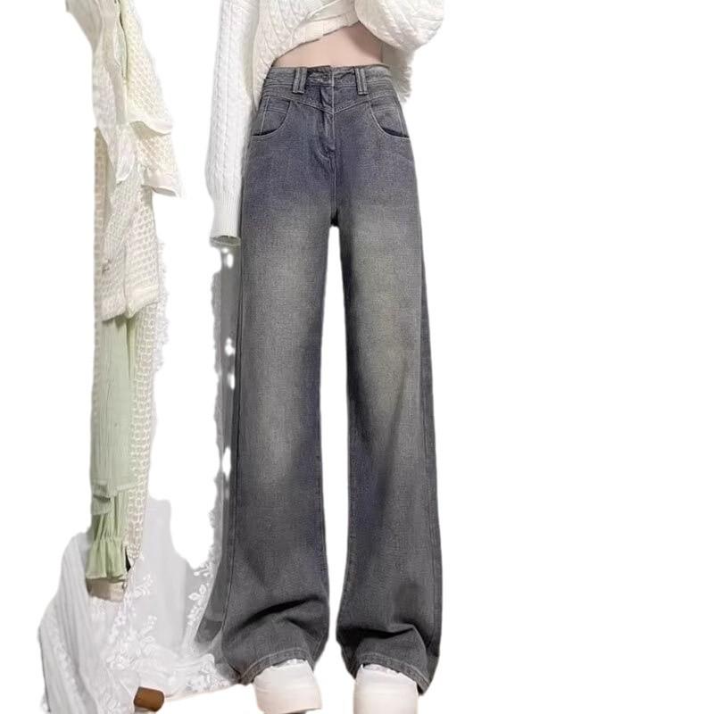 Women's Retro High-Waist Wide Leg Jeans - Winter Plus Size Straight Leg Floor-Length Pants