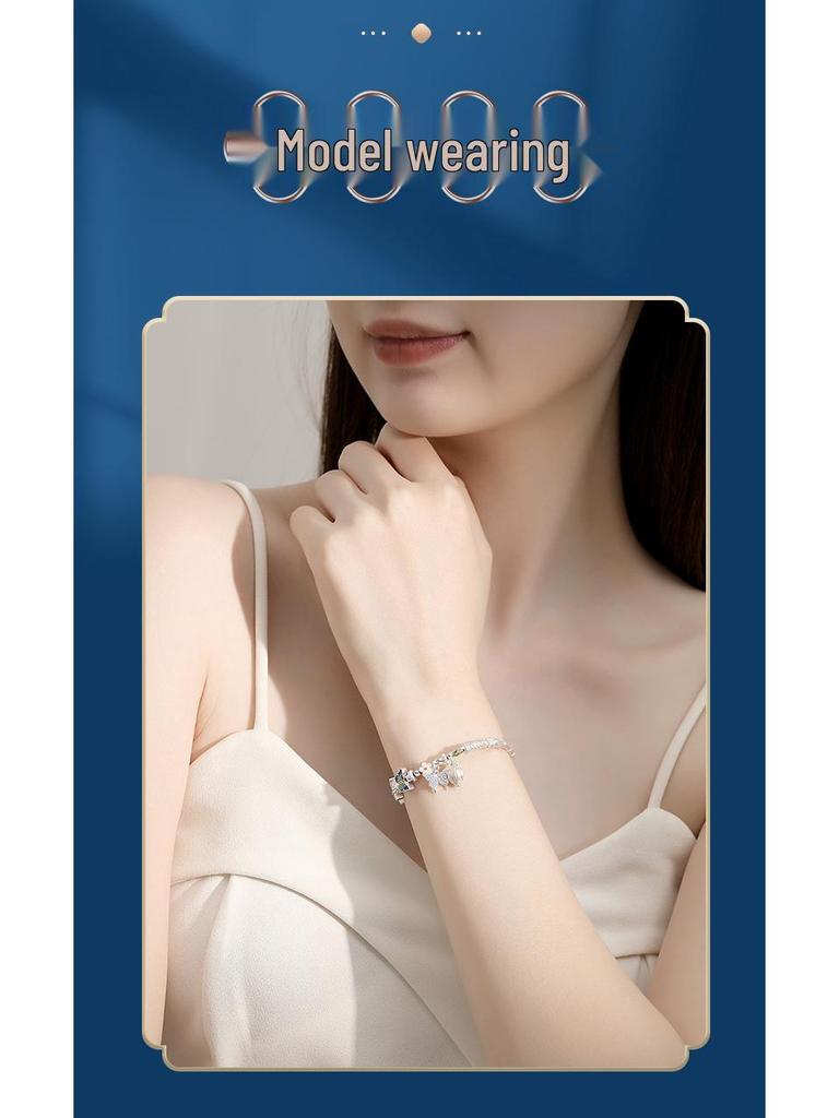 925 Sterling Silver Small Flower Butterfly Half-Bangle Half-Chain Bracelet - Light Luxury, High-End New Chinese National Style