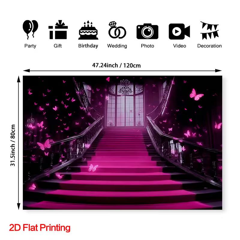 2D Glowing Butterfly Grand Staircase Photography Background Cloth for Glam Parties