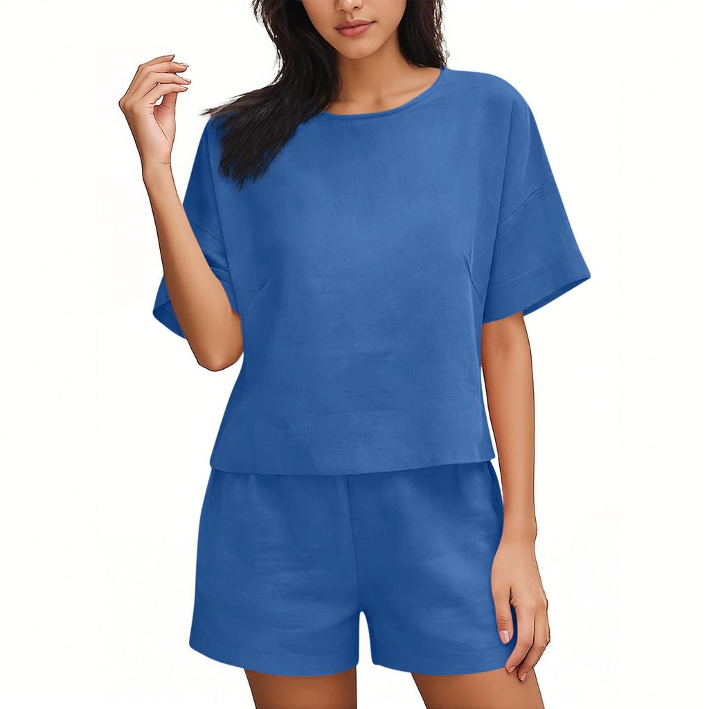 Fashionable Women's Color Casual Round Neck Loose Summer Shorts Top Set