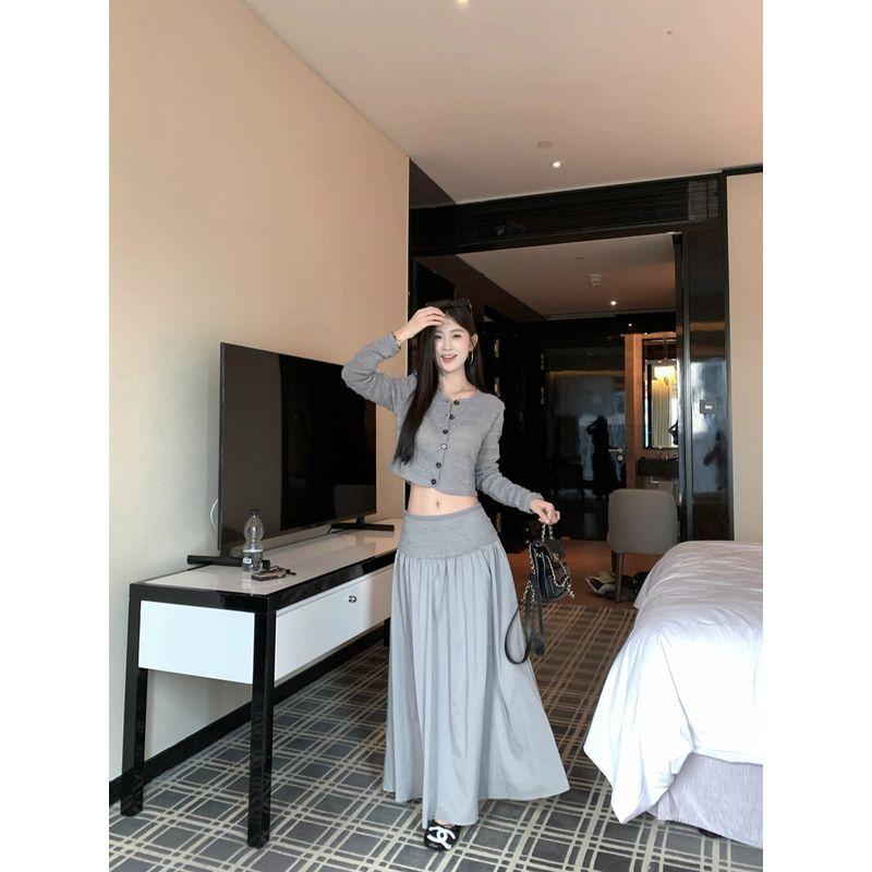 Kumikumi Sweet Style Suit Single-Breasted Long Sleeve Knitwear Women's Autumn High Waist Drooping Skirt Two-piece Set