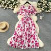 Summer New Women's High-end Strap Waist V-neck Horn Sleeve Thin Temperament Printed Chiffon Dress