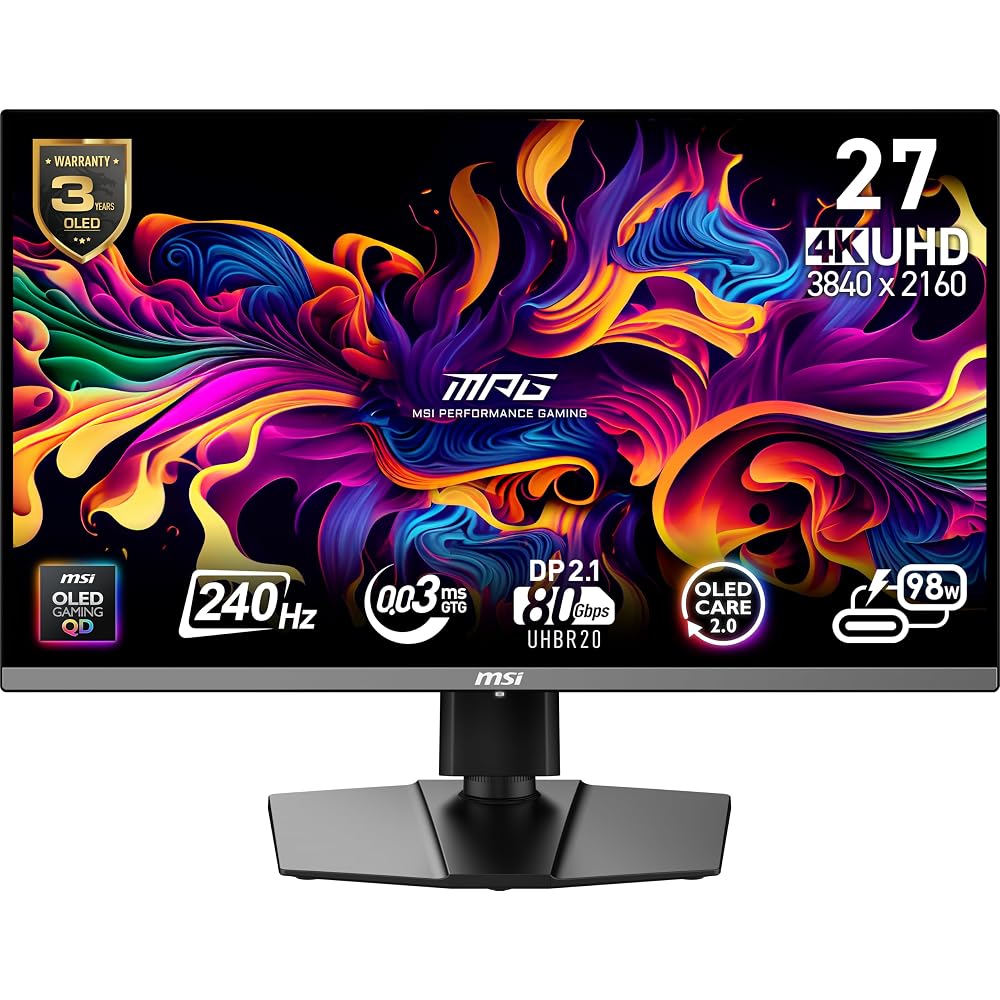 MSI MPG 272URX QD-OLED 27-inch 3840 X 2160 (UHD) Computer Monitor, 240Hz, Adaptive Sync, HDMI & DP Ports, VESA Mountable, Tilt Speakers, 0.03ms Respon