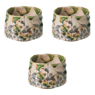 Set of 3 Oribe Flower Design Matcha Bowls [9.5 X 7.8 Cm]  Matcha Bowls Setomonohonpo