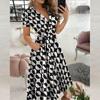 Fashion Women's Casual Lapel Printed Short Sleeve High Waist Dress Long