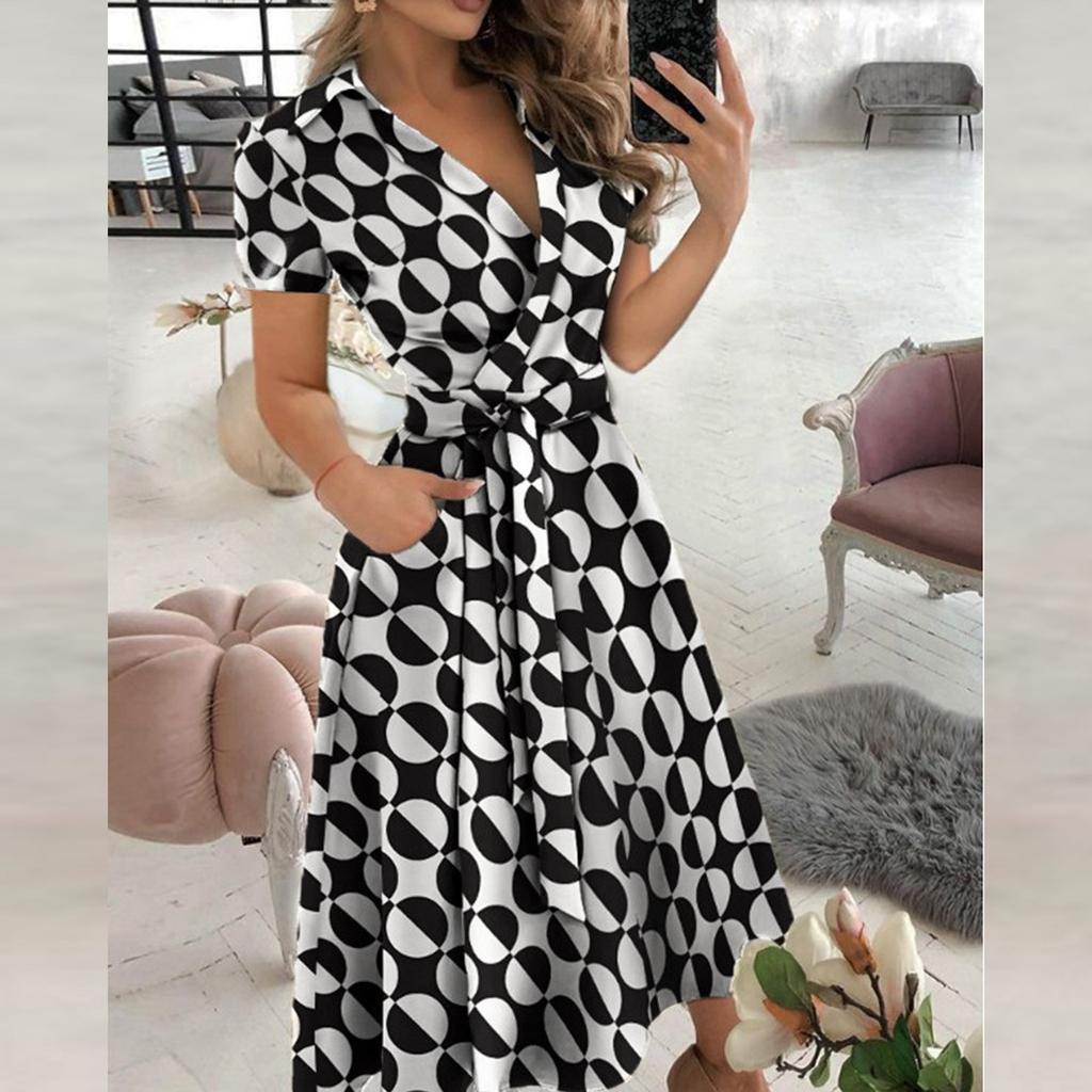 Fashion Women's Casual Lapel Printed Short Sleeve High Waist Dress Long