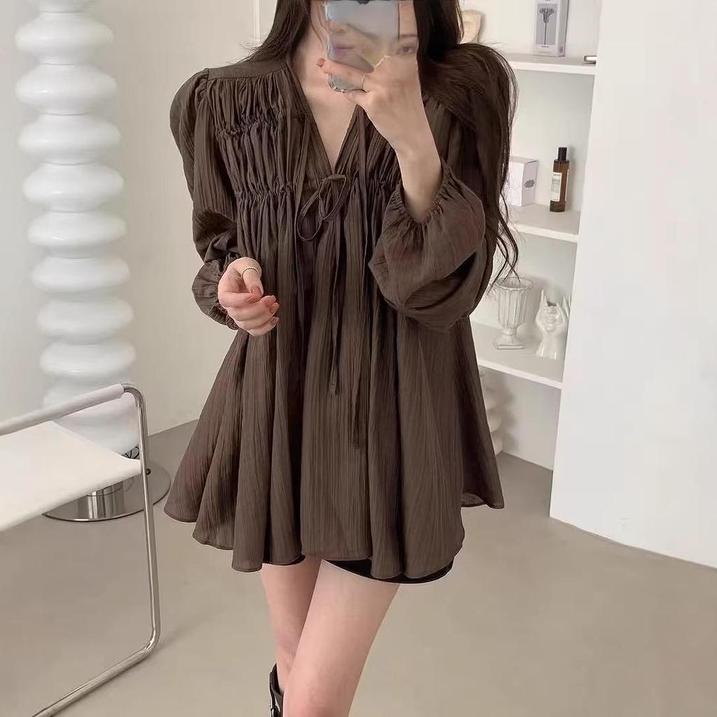 2026 Early Spring Korean V-neck Lace-up Puff Sleeve Chiffon Blouse