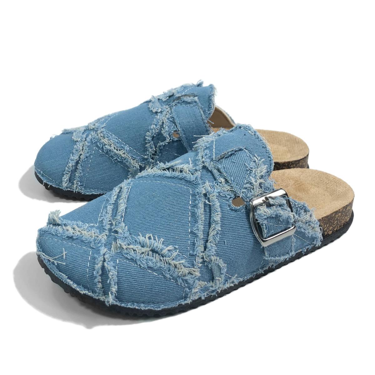 

Ретро сумка голова обувь Birkenstock платформа женские джинсовые пушистые тапочки носить полутапочки платформа осень, тапочки с сумкой головой 35 светло-синий