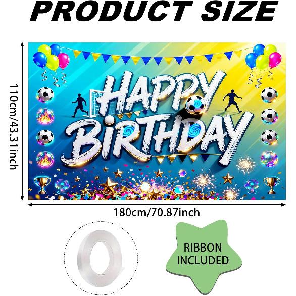 Glowing Soccer Happy Birthday Banner, Large Sports Backdrop for Outdoor Indoor Party Photo Booth