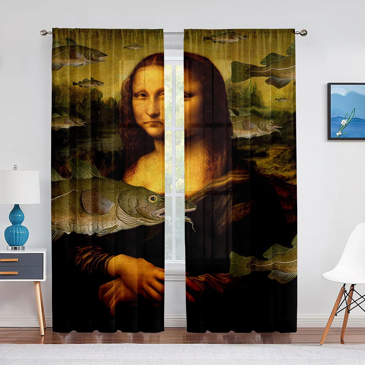 Тюлевая занавеска с изображением Моны Лизы и забавных котят для спальни — фото 4