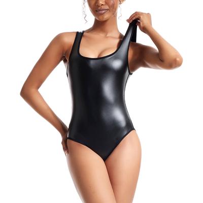 Damen PU-Slip-Bodysuit Glänzender Leder-Catsuit mit Unterhemd Einteiliger, hochgeschnittener, figurbetonter Strumpfhosen-Overall für den Club, Bühnen-Pole-Dance-Anzug
