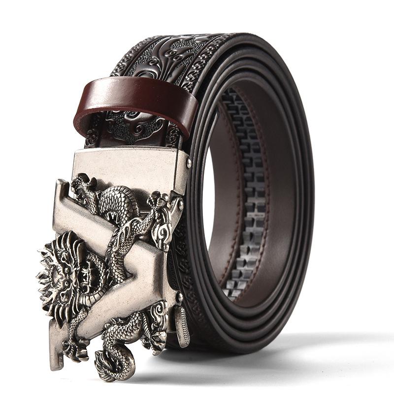Men's Retro Dragon Head Genuine Leather Belt with Carved Embossed Design