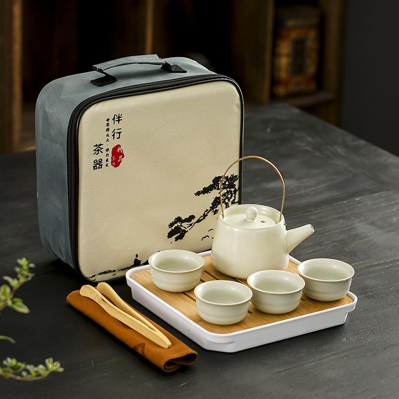 All the best travel tea set beige Ru kiln retro ceramics outdoor portable express cup kung fu business gifts