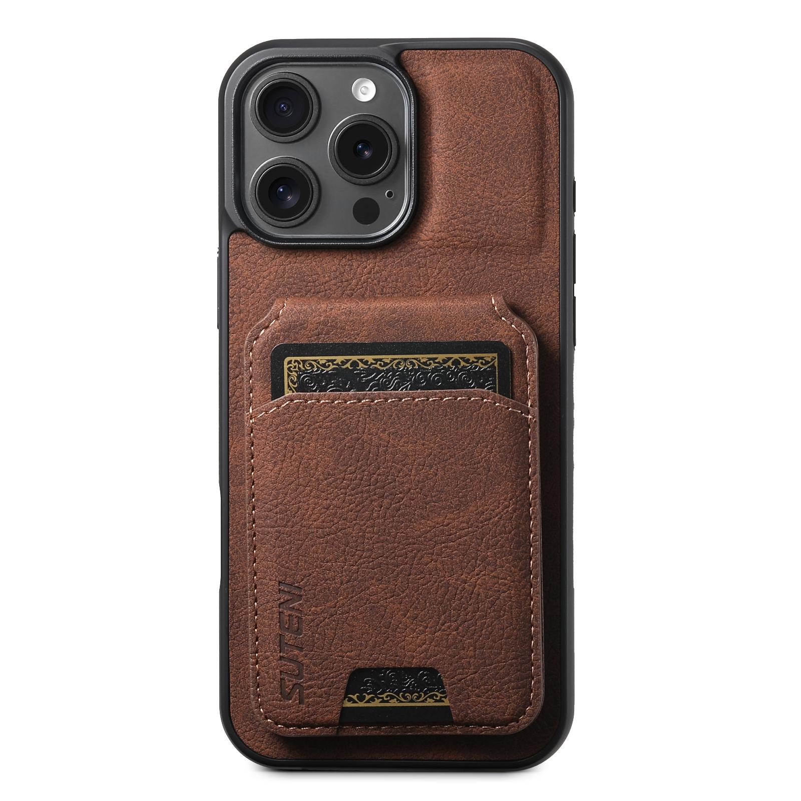

SUTENI H02 Чохол для iPhone 16 Pro Max Відділення для карток Підставка Шкіра з текстурою лічі+TPU Чохол Brown