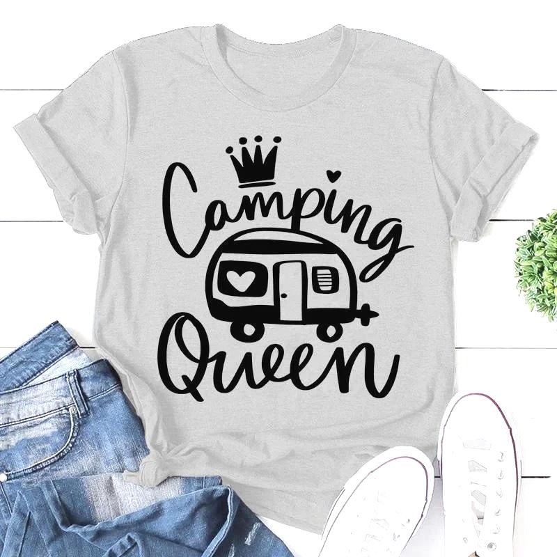 Cute Camping Queen T-shirts for Women Summer Tee Shirt Femme Casual Queen Short Sleeve Camping Round Neck Tops T-shirts