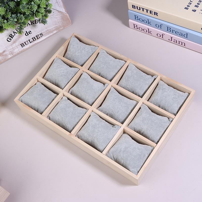 Drewniany 12-miejscowy organizer na zegarki, biżuterię i bransoletki z wyjmowanymi poduszkami flanelowymi