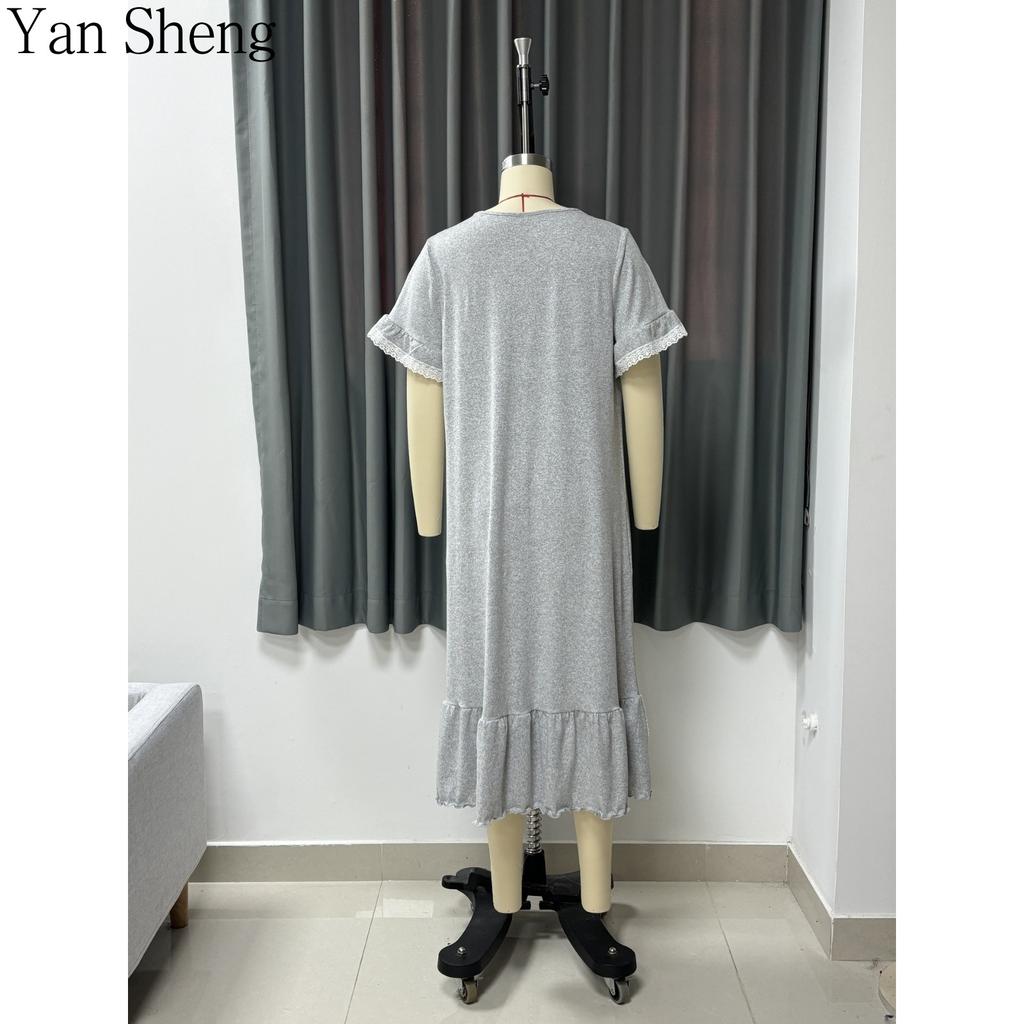 Women Nightgown Knit Sweet Short Sleeve Sleep Dress Wavy Cuff Hem Loose Midi Loungewear For Home Sleepwear